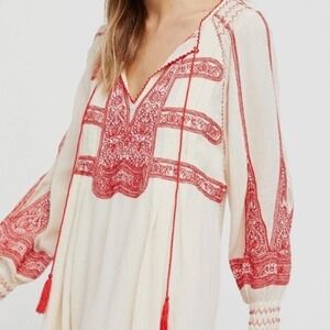 Free People Wind Willow Mini Dress Embroidered Peasant Tassel Boho Size Small